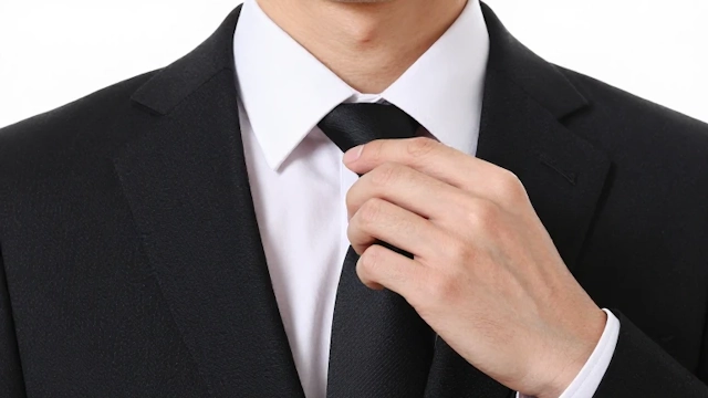 葬式のスーツとしてブラックスーツを着用して白いワイシャツと黒いネクタイをしている男性