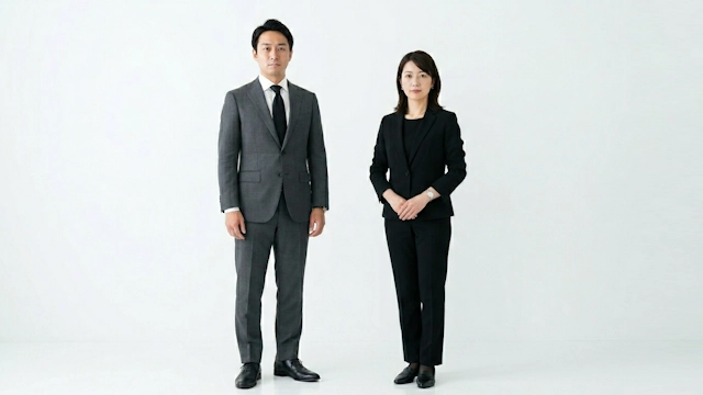 ダークスーツの略喪服（平服）の男女