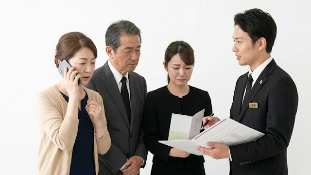 家族でトラブルにならないように親族と電話相談しながら葬儀の打ち合わせをしている遺族