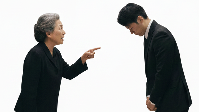 葬儀の日程選びで失敗をして親族から叱られている喪主の遺族