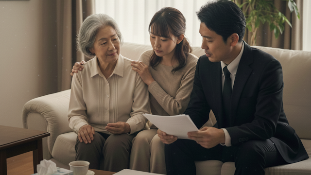 葬儀後に必要な手続きの書類を準備している遺族